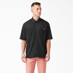 Mixed Media Zip Front Short Sleeve Work Shirt