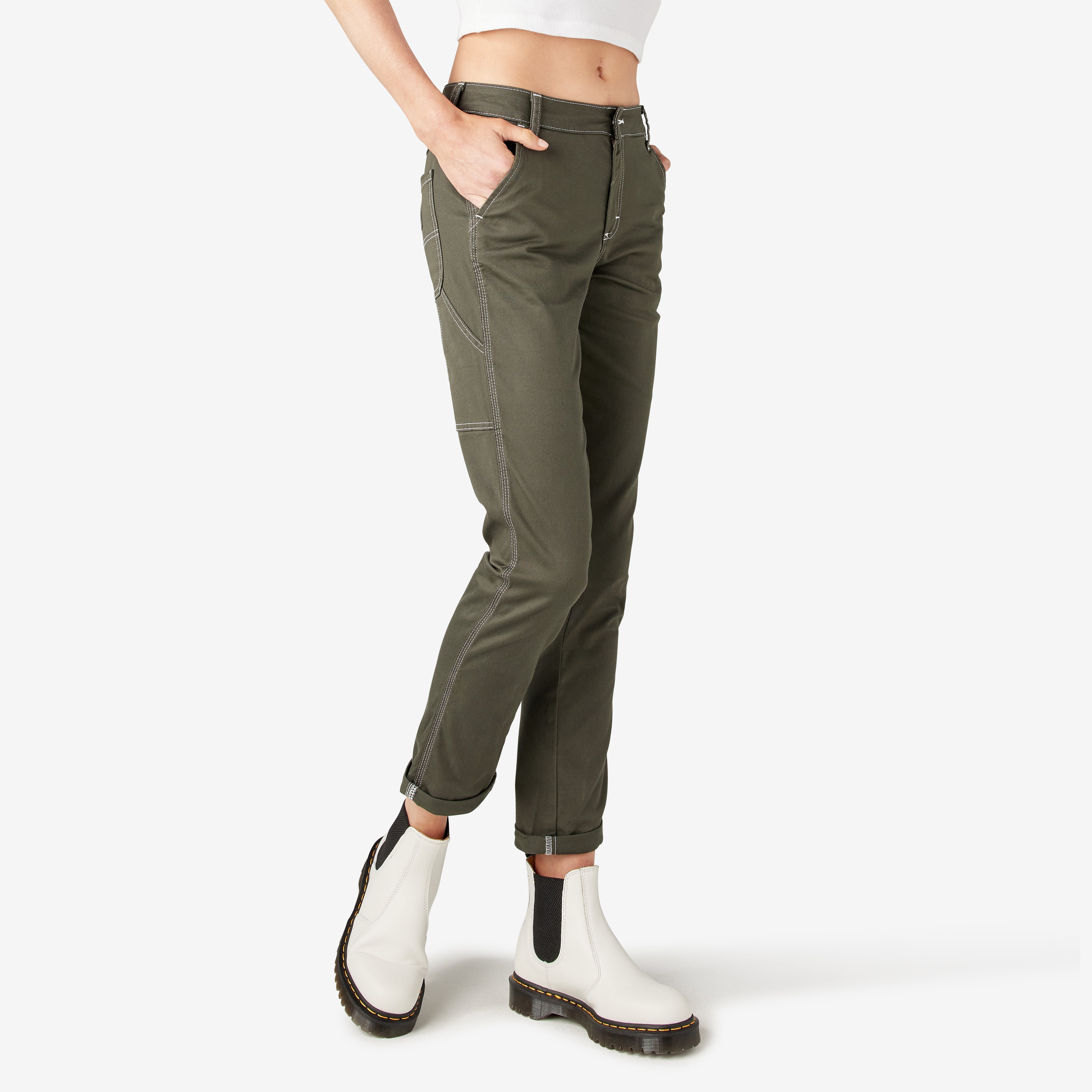 Women's Slim Straight Fit Roll Hem Carpenter Pants