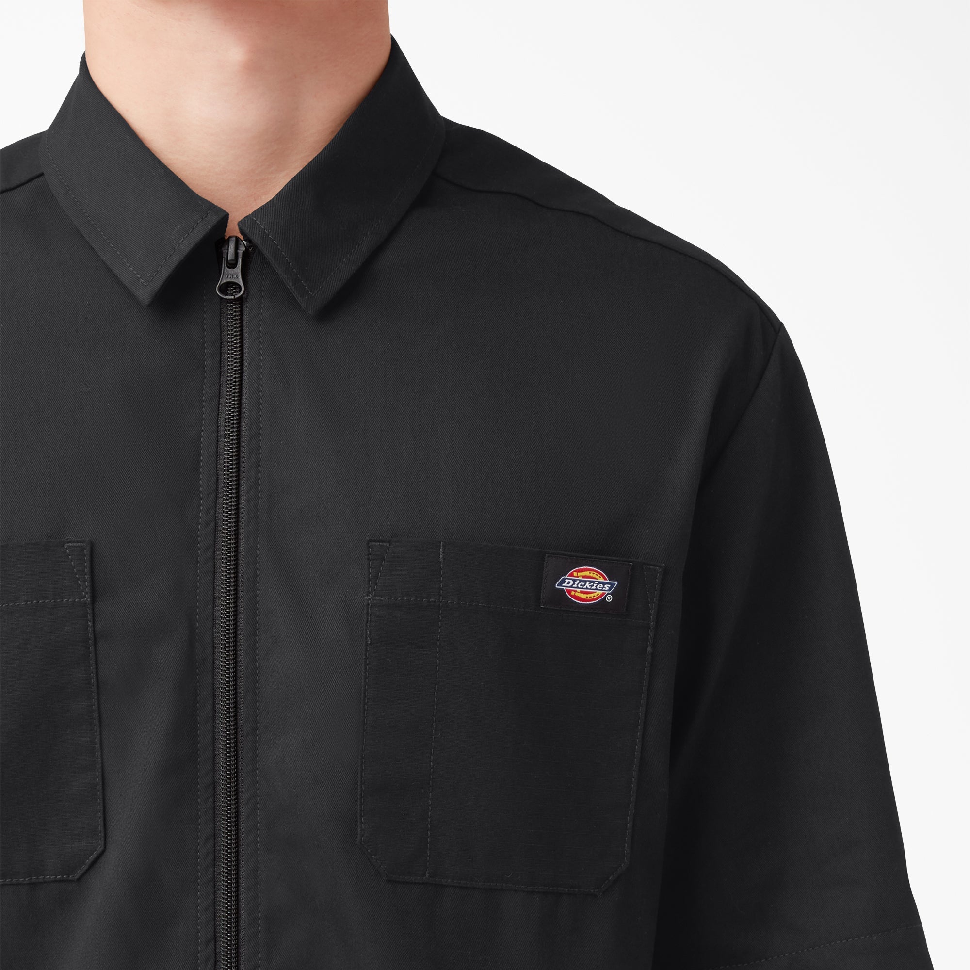 Mixed Media Zip Front Short Sleeve Work Shirt